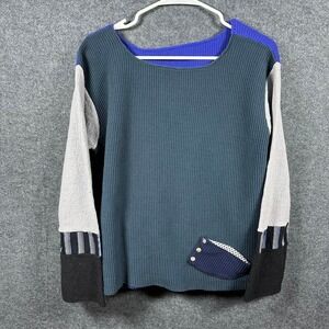 Double Sided Colorblock Patchwork Knit Top Blue Gray Green Black Size M